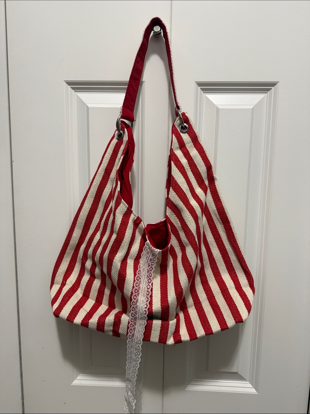 Striped Red and Cream Canvas Hobo Bag - Casual Shoulder Tote